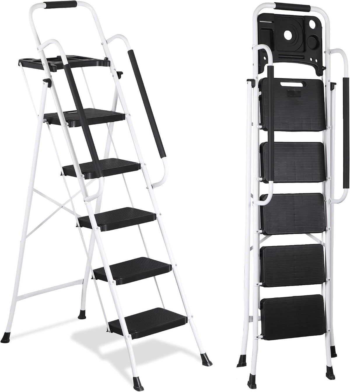 ZENY 5 Step Ladder, Step Stool Foldable with Anti-Slip Pedal & Comfortable Handrail, Sturdy Steel Ladder, Protable Heavy Duty Step Stool for Kitchen, Garage & Outdoor Use (White)