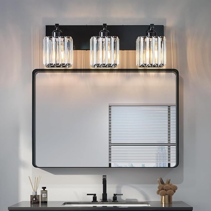 FDPBY Modern Bathroom Vanity Light 3-Lights Plating Black Crystal Bathroom Wall
