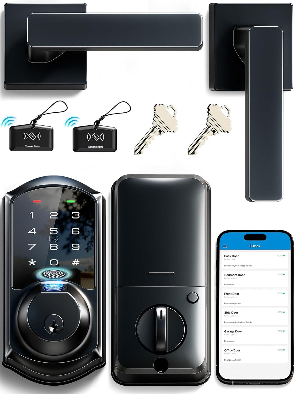 Veise VE07-L Fingerprint Smart Lock with 2 Lever Handles Set, Matte Black