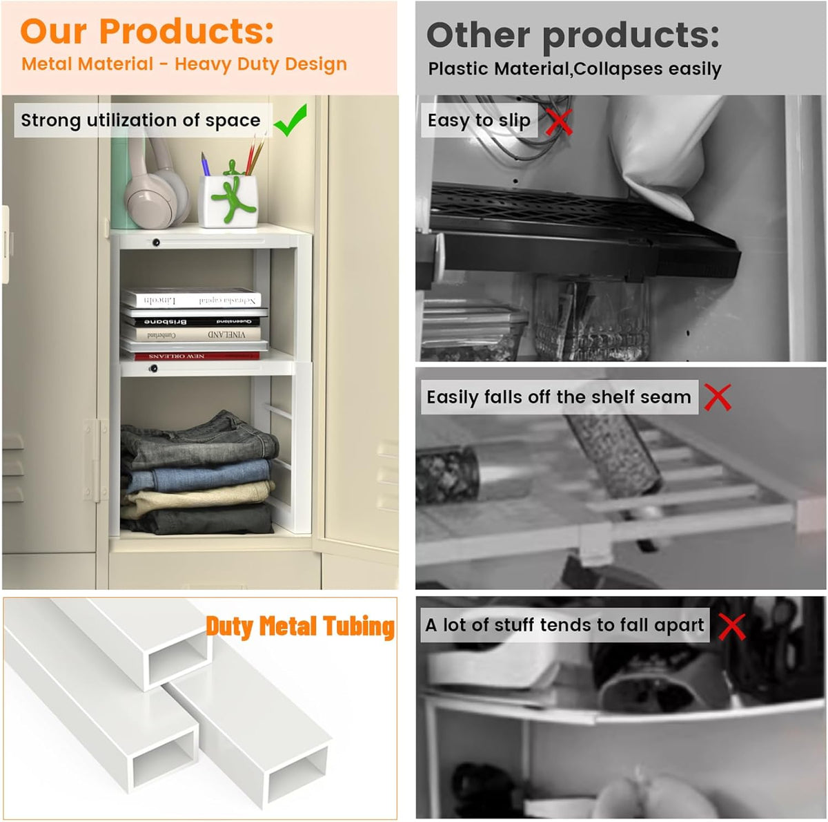 lidtop locker organizer shelf, metal adjustable width and showing dimensions
