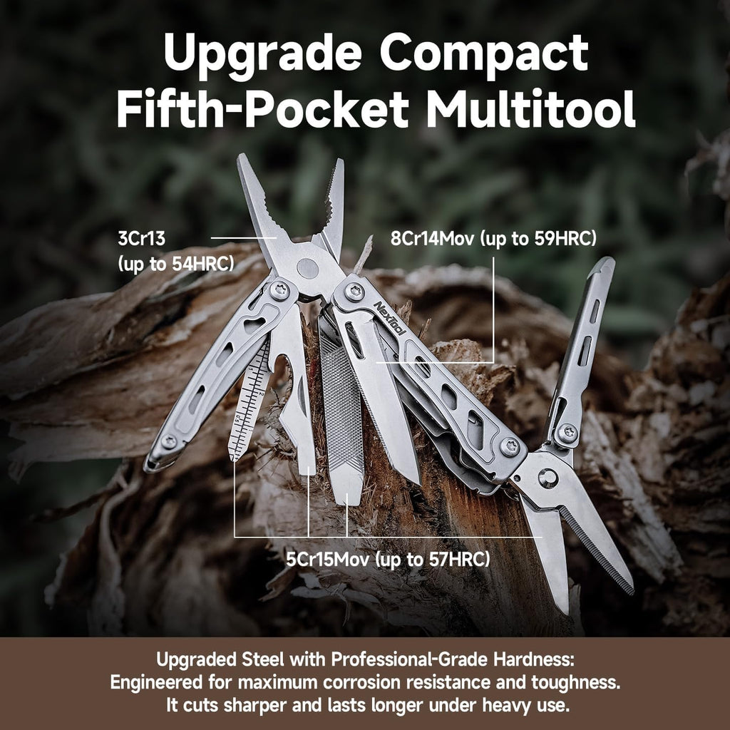 NexTool Mini Flagship F12 Keychain Multitool, Fifth Pocket Tools (Silver) | 15-in-1 Multi Tool, 80Cr14Mov Steel, Serrated Scissors, Thicken Pliers, Safety Lock Knife and File for EDC, Outdoor, DIY