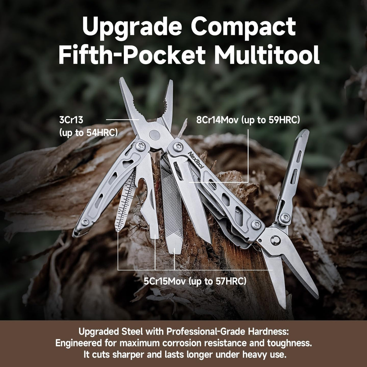 NexTool Mini Flagship F12 Keychain Multitool, Fifth Pocket Tools (Silver) | 15-in-1 Multi Tool, 80Cr14Mov Steel, Serrated Scissors, Thicken Pliers, Safety Lock Knife and File for EDC, Outdoor, DIY