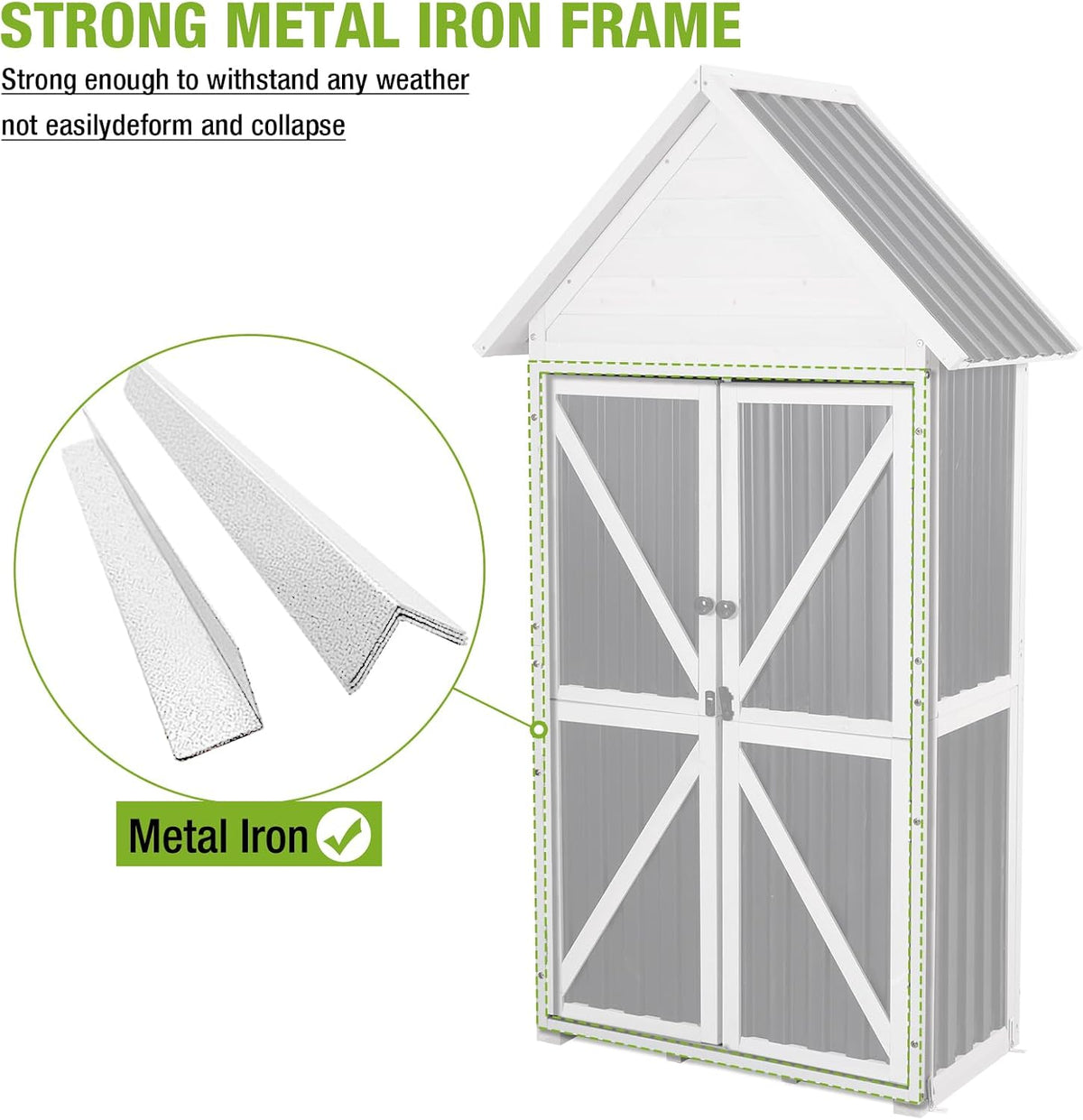 outdoor storage shed cabinet strong iron frame surrounding shown in use