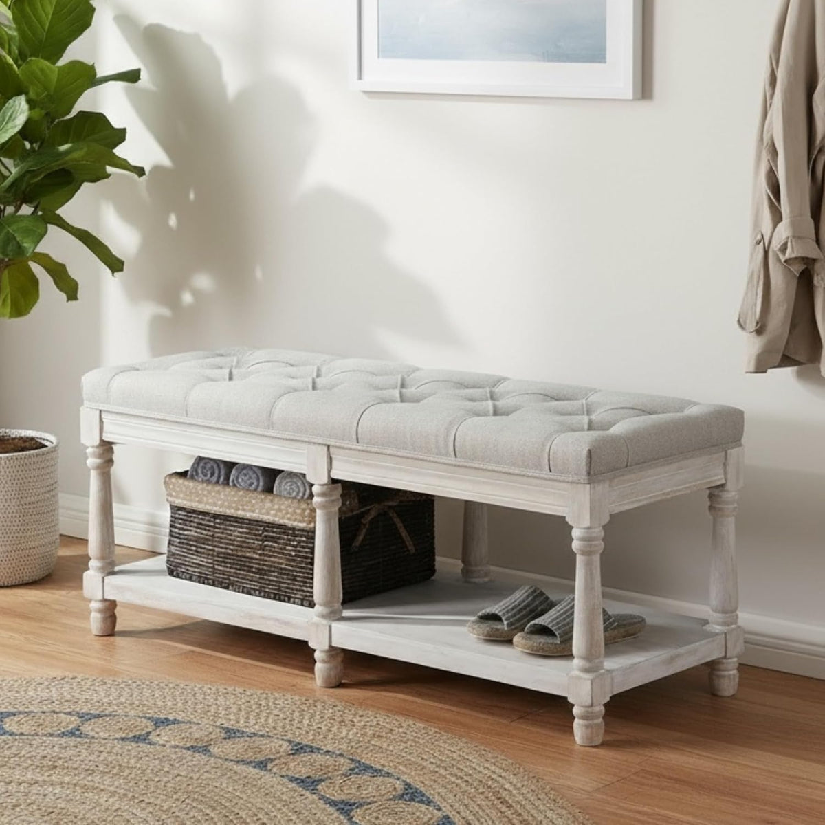 farmhouse storage bench wooden entryway upholstered tufted ottoman showing dimensions