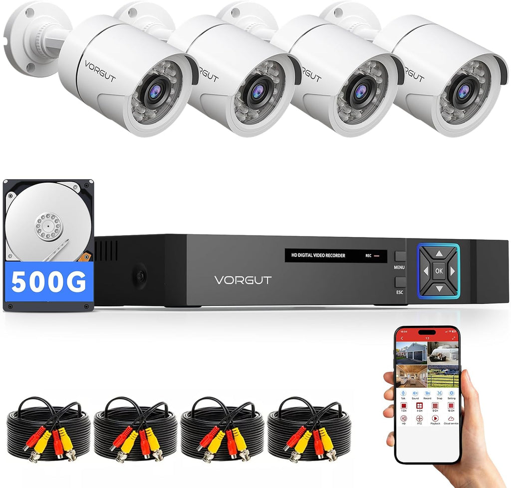 Wired Security Camera System Outdoor, 4X 1080P CCTV Camera, 500G HDD
