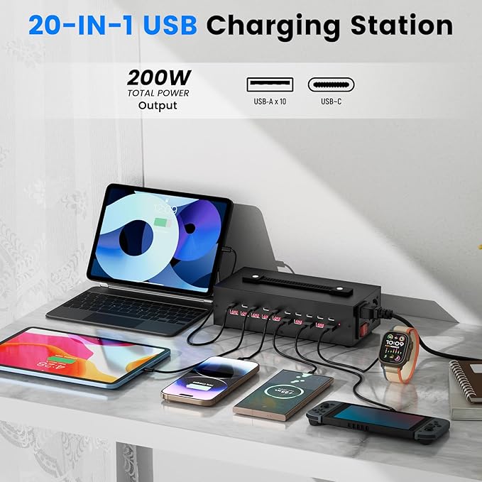 Portable USB~C Charger Block, 200W 20 Port Home Fast Charging Station