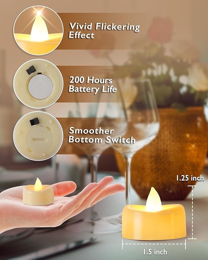 Raycare 100 Pack LED Tea Lights Battery Operated, 200+Hour Flickering Votive Candles, Realistic Fake Flameless TeaLights for Wedding Party Halloween Thanksgiving Christmas Decorations,Ivory Base