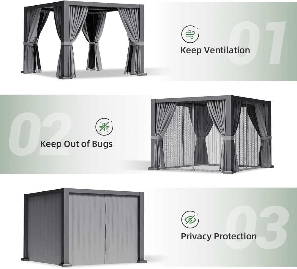 Aoxun Louvered Pergola 12x16 All-Aluminum, Waterproof Curtains and Netting