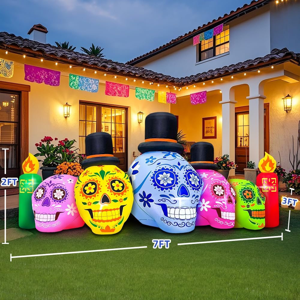 7FT Halloween Inflatable Blow Up Decorations, Dia de Los Muertos Decorations, Day of Dead Inflatable Sugar Skull Dia de Los Muertos, Built-in LEDs for Holiday Party, Garden, Lawn, Yard, Patio Décor
