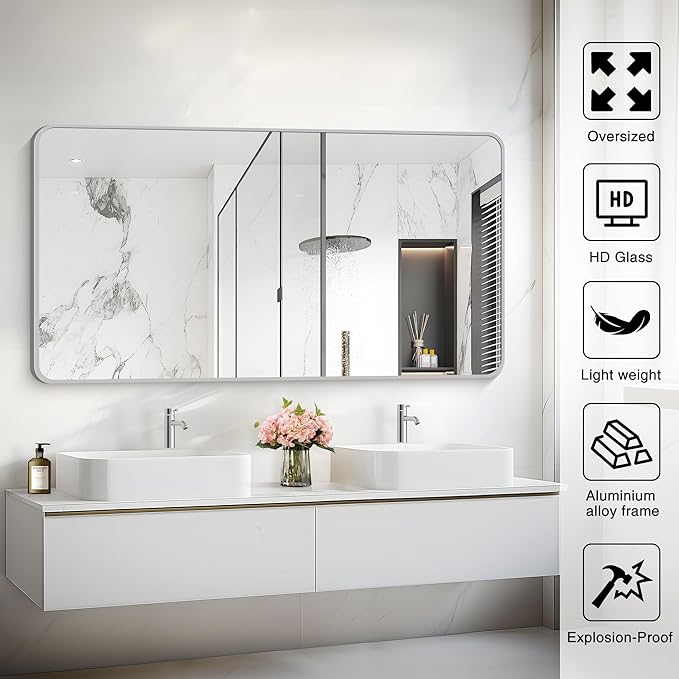 55x30 Inch Silver Bathroom Mirror, Large Rectangular Vanity Mirror, Metal