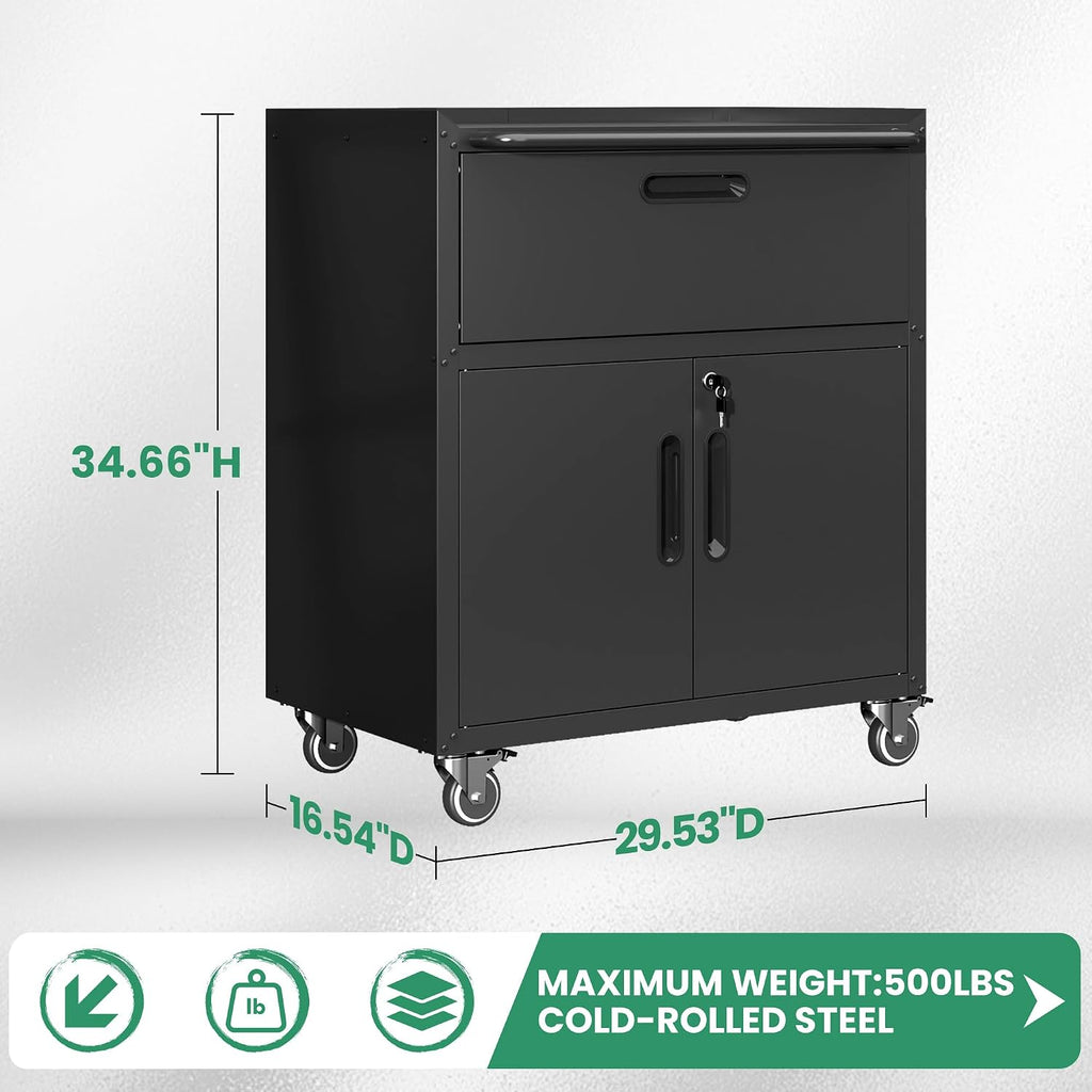 garage cabinets,metal garage storage cabinet with wheels,black lockable, close-up detail