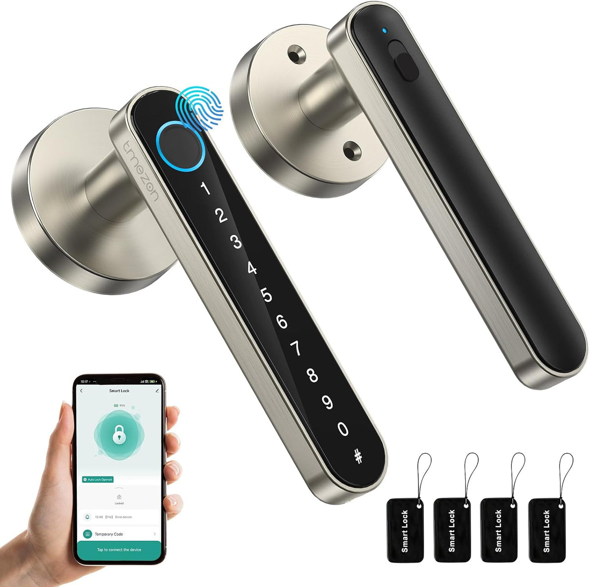 TMEZON Smart Door Lock Fingerprint, Keyless Entry Door Lock with Handle APP/IC Cards/Codes/Keys/Fingerprints Biometric Electronic Smart Lock for Bedroom Home Hotel Office
