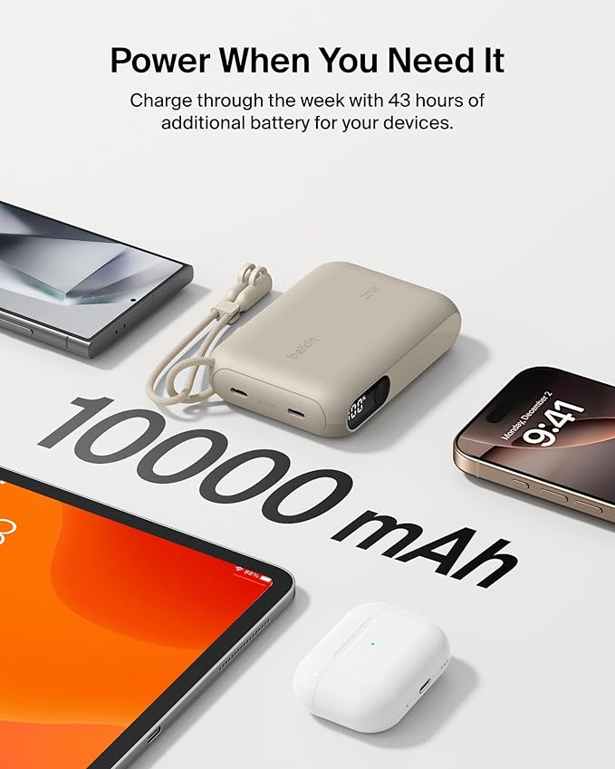 Belkin Portable Charger, Slim USB-C Power Bank 10, 000mAh w/ 2 USB-C Ports