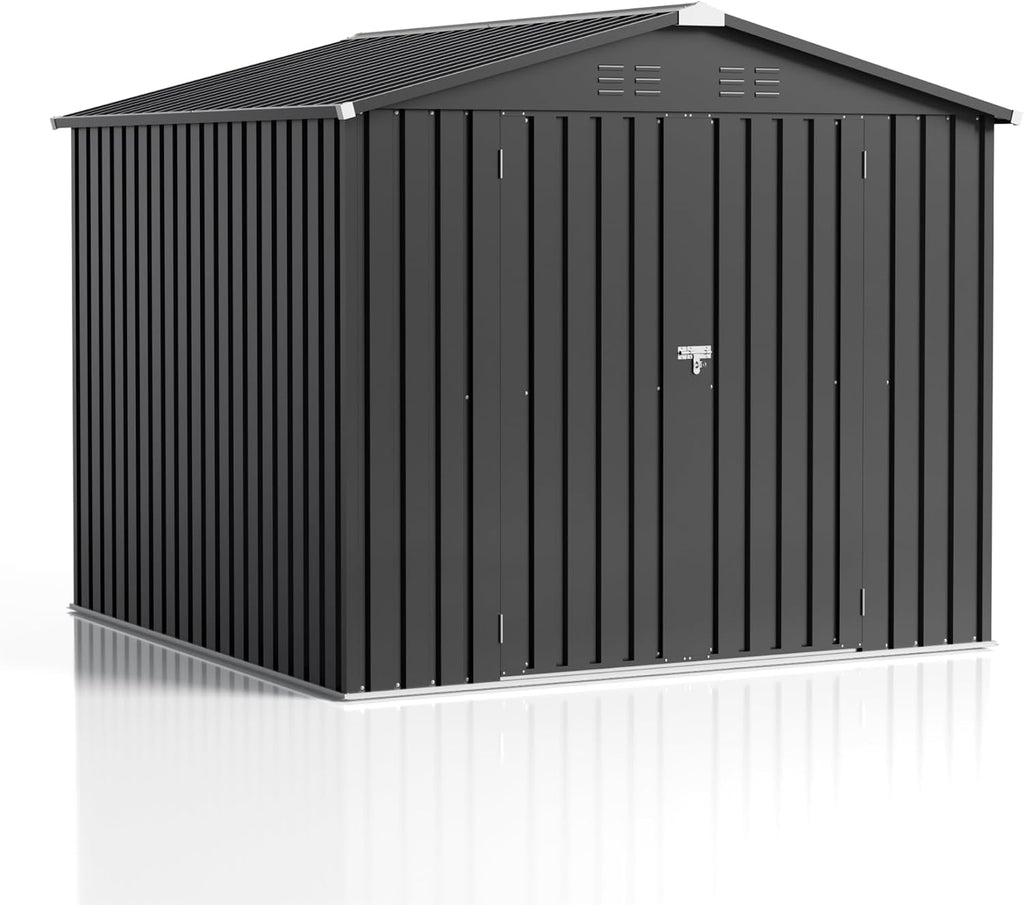 jummico 8x8 ft outdoor storage shed, tool metal on a desk or shelf