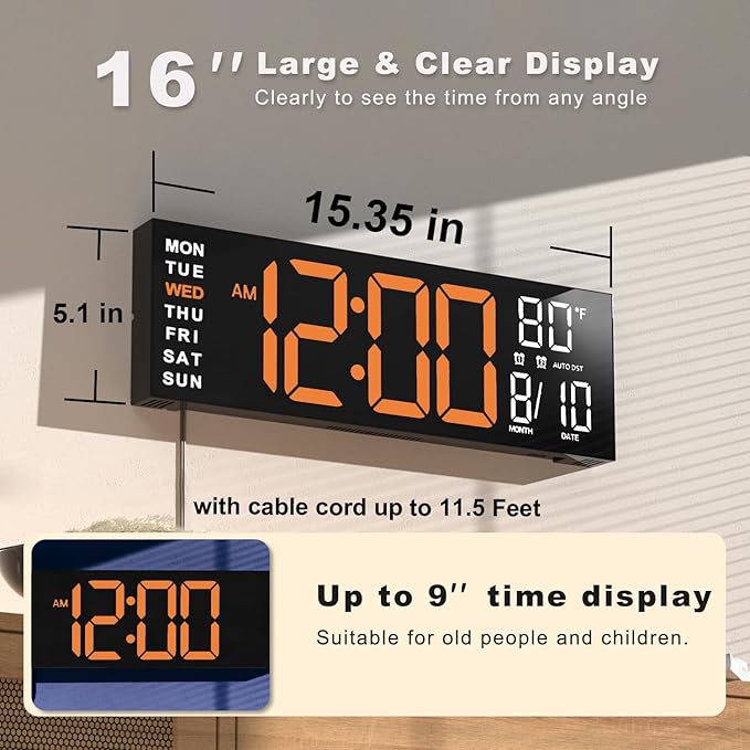 JALL 16" Large Digital Wall Mount Clock, Count Down Timer, Big LED, RGB Color