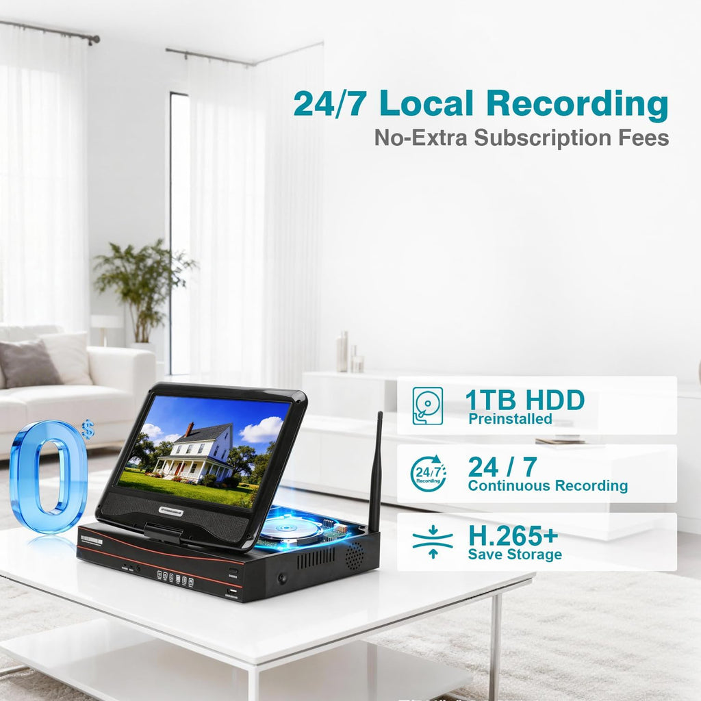 wireless security camera system with 10.1" monitor 4pcs, side view