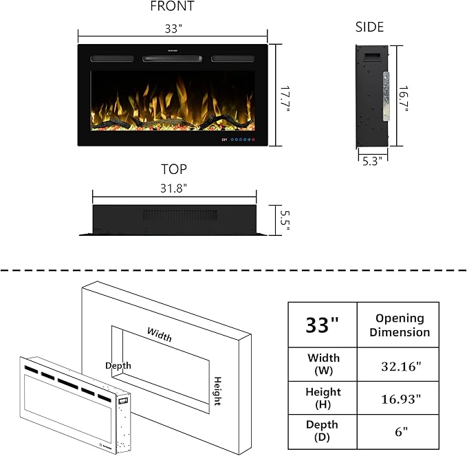 33" WiFi Electric Fireplace Inserts, Recessed and Wall Mounted Fireplace Heater