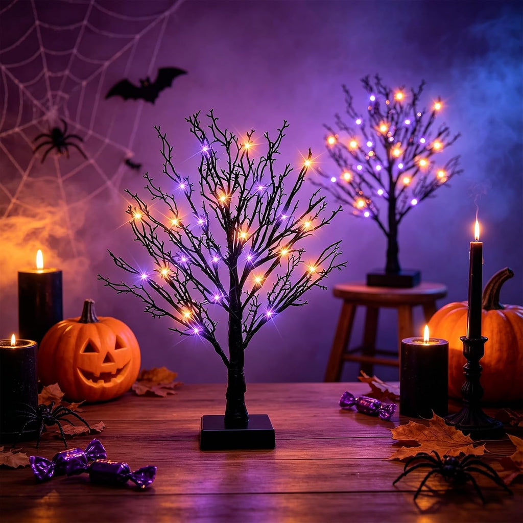 Halloween Decor Indoor, 2 Pack 24 Inch Black Halloween Tree Set, 48 Orange & Purple LED Lights, USB & Battery Powered Tabletop Spooky Twig Trees with 6H Timer, Creepy Halloween Decorations for Mantels