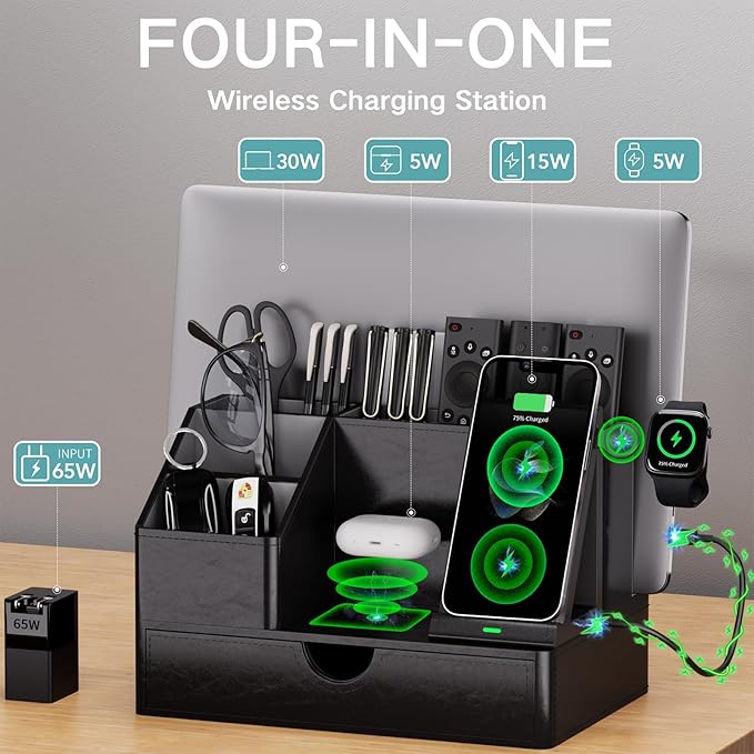 Black PU Leather Multi-Device Charging Station