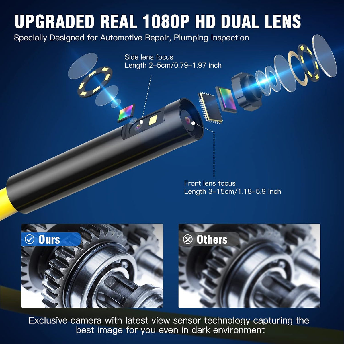 bluefire 11.5ft dual lens wireless endoscope camera, 1080p shown in use