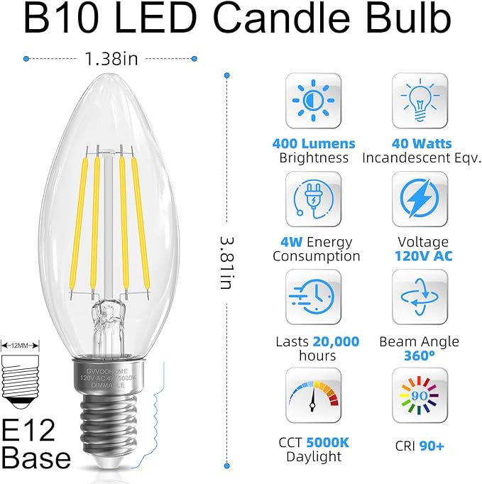 GvvooHome LED Candelabra Light Bulbs, E12 Bulb dimmable, 40 watt Equivalent