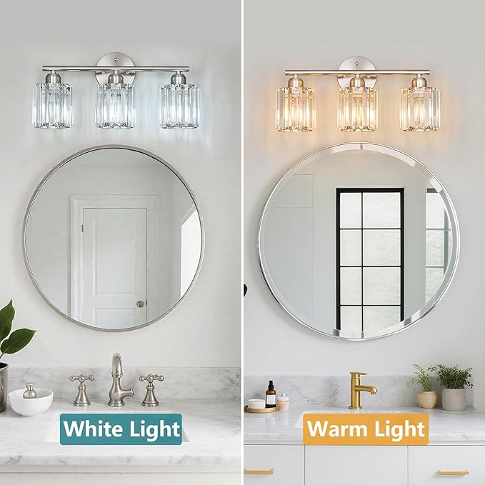 FDPBY Modern 3 Light Crystal Vanity Light, Brushed Nickel Vertical Bathroom