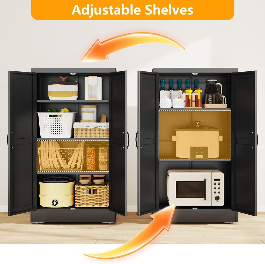 ckzbx black metal cabinets with doors and shelves, close-up detail