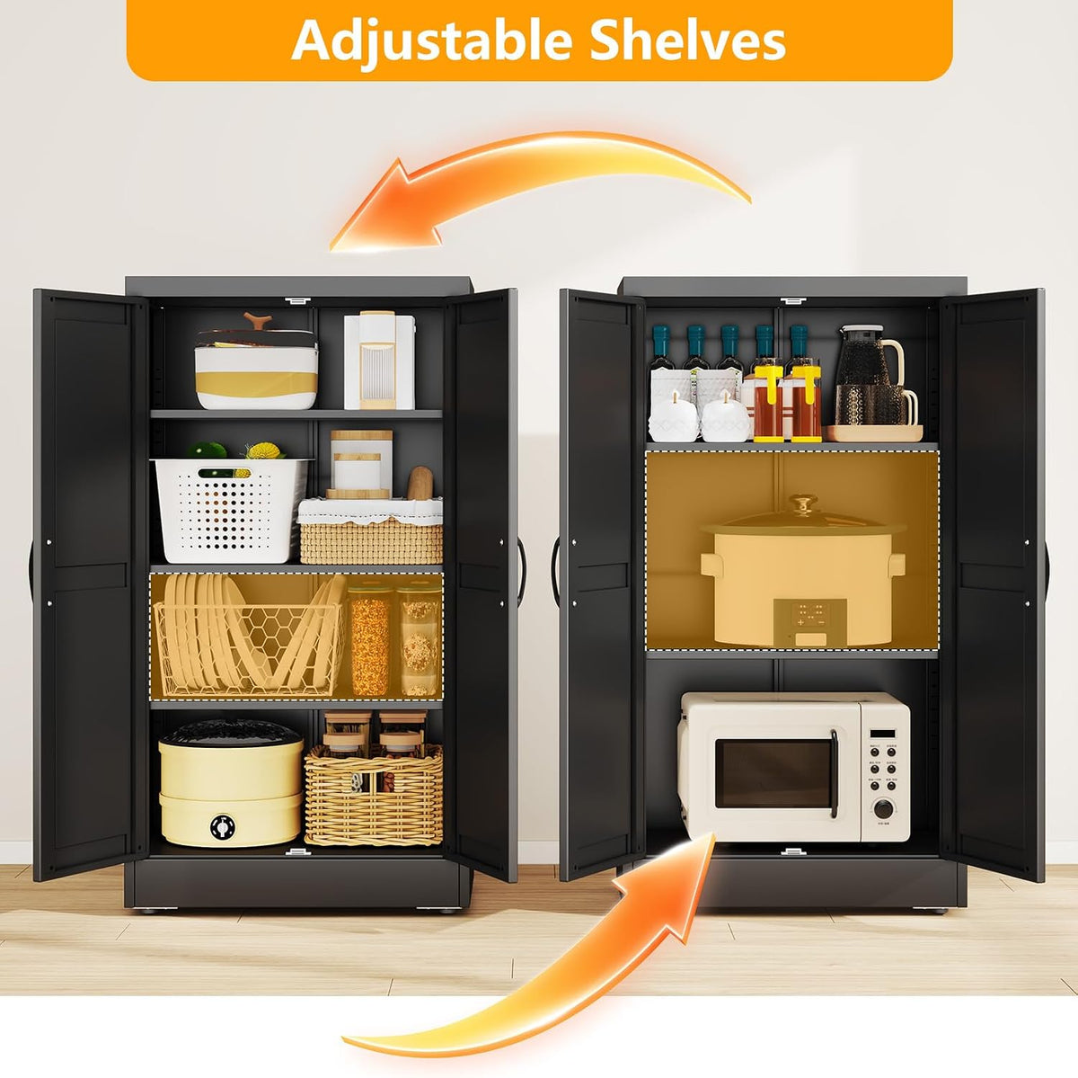 ckzbx black metal cabinets with doors and shelves, close-up detail