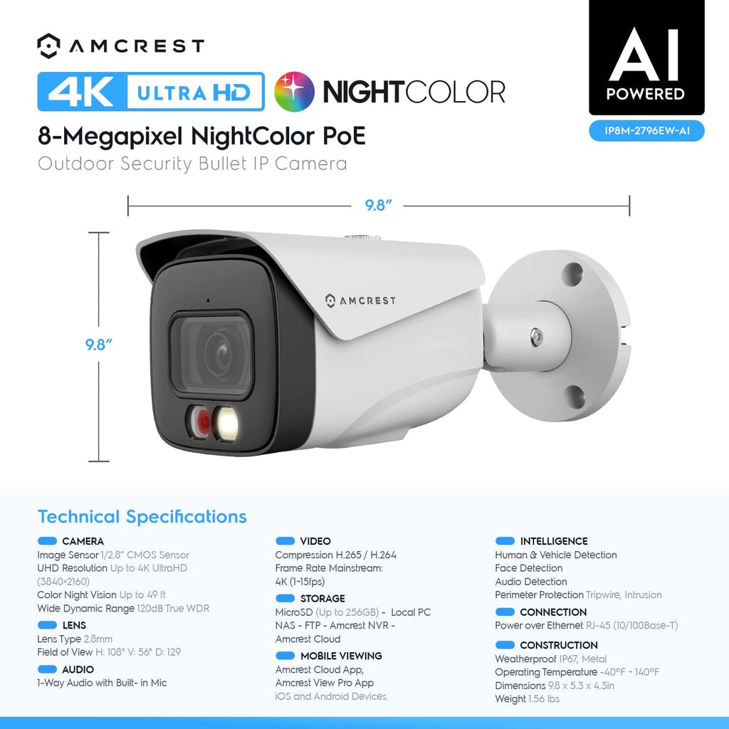 amcrest ultrahd 4k (8mp) ip poe ai camera, front angle view