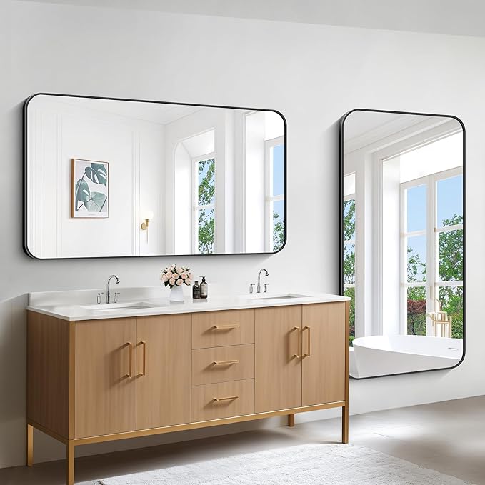 Bathroom Mirror, Metal Frame Rounded Corner Vanity Mirror, Large Wall Mounted