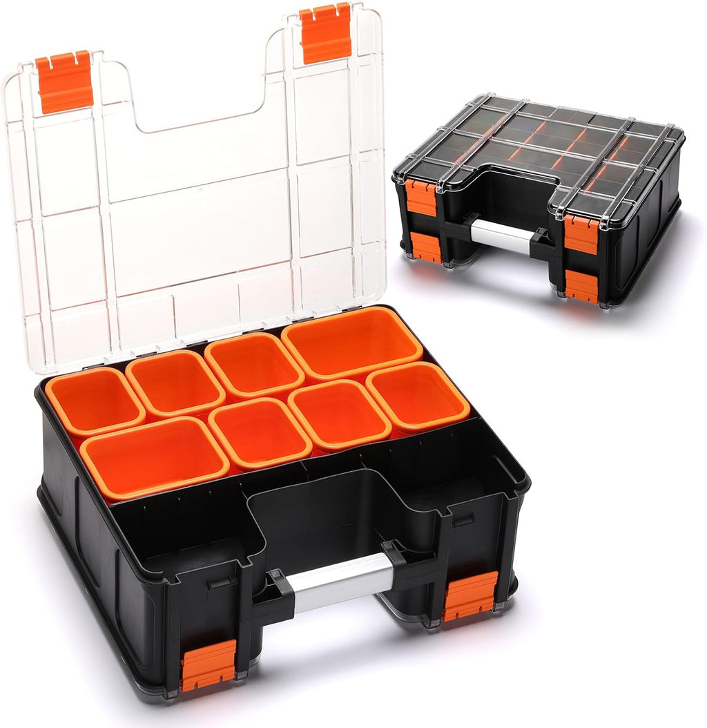Mayouko Double Side Tool Box with Transparent Lid, 8 Movable Small Trays & Removable Dividers, Multi-Function Small Parts Organizer, for Hardware, Screws, Bricks, Nails, Jewelry and Fishing Tackle