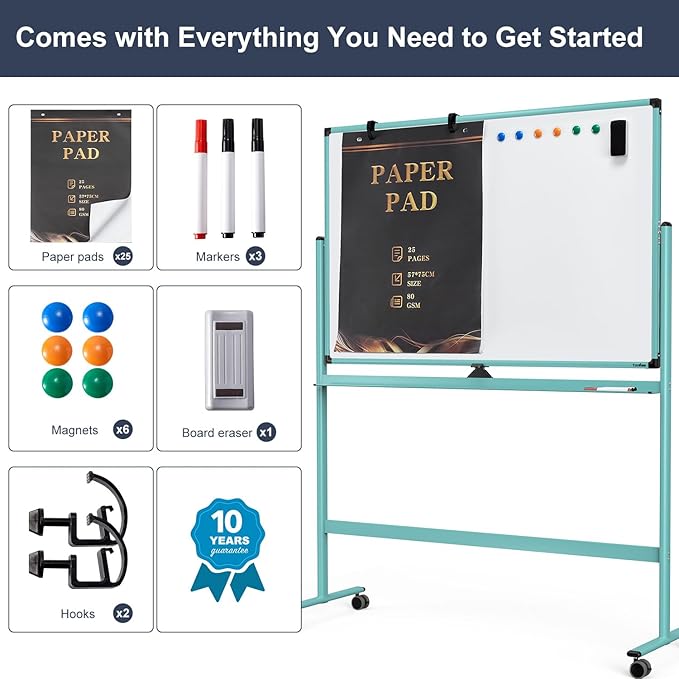Rolling Whiteboard, 48x32 Inches Dry Erase Board