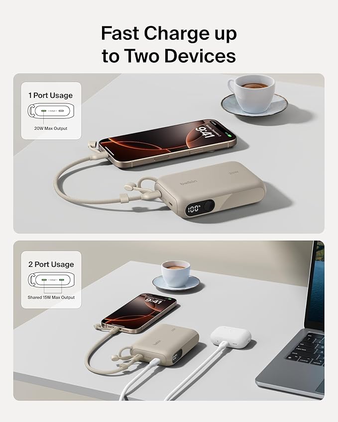 Belkin Portable Charger, Slim USB-C Power Bank 10, 000mAh w/ 2 USB-C Ports