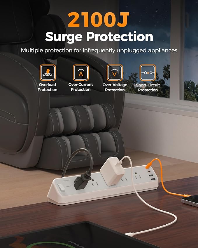 TESSAN Desk Clamp Power Strip 6 Ft, 2100J Surge Protector, 5 Outlets and 4 USB