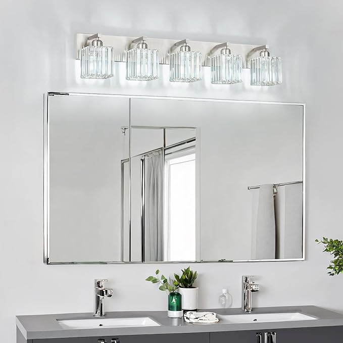 FDPBY Modern Vanity Light 5-Lights Brushed Nickel Vanity Light Crystal Bathroom