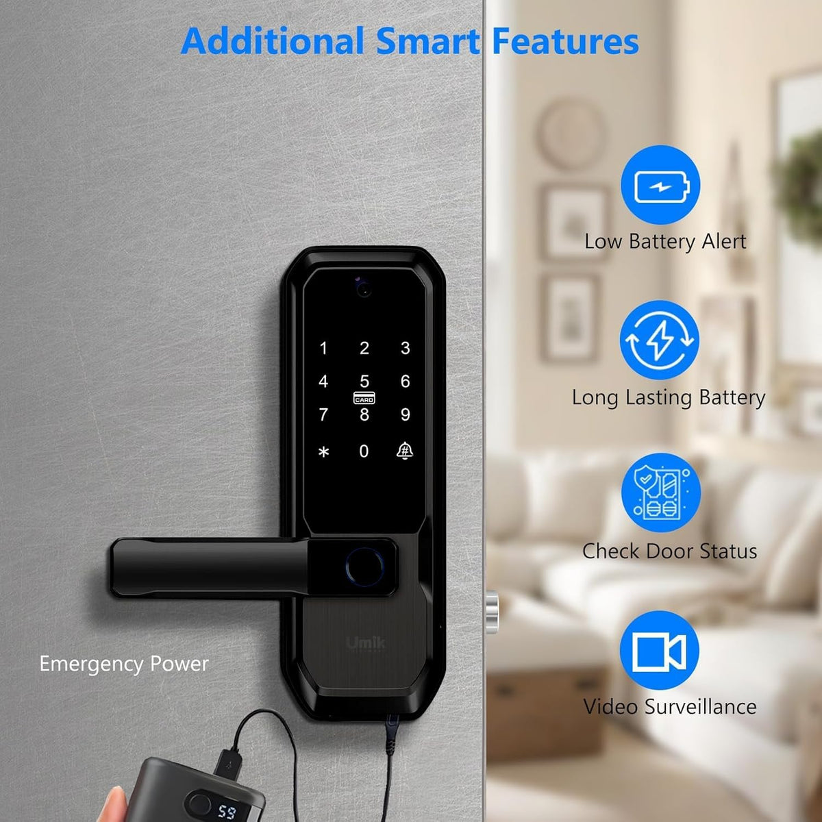umiksmart wifi smart door lock with camera, fingerprint, front angle view