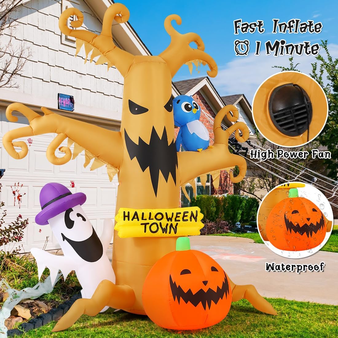 GOOSH 8 FT Halloween Inflatables Dead Tree Outdoor Decorations with Owl Ghosts and Pumpkins, Blow Up Yard Decorations with Built-in LED Lights for Outdoor Party Garden Lawn Decor