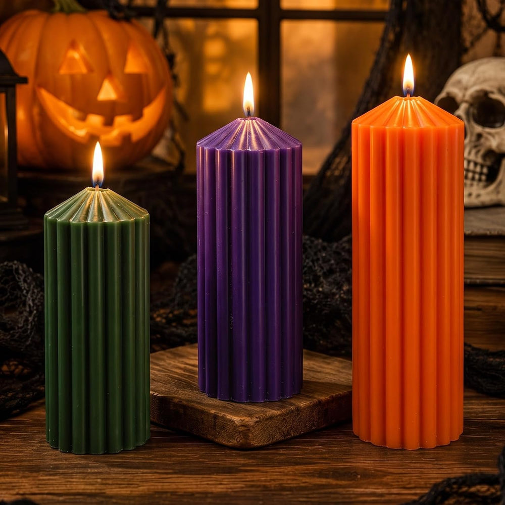 Mtlee 3 Pack Halloween Ribbed Pillar Candles Green Purple Orange Candles