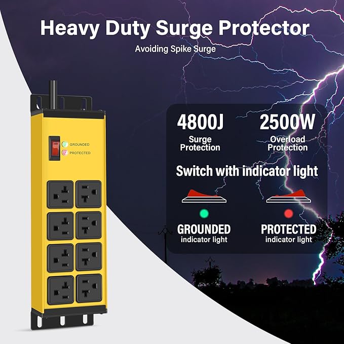 CCCEI Yellow Heavy Duty Power Strip Surge Protector 20 AMP, 8 Outlets 12 Gauge