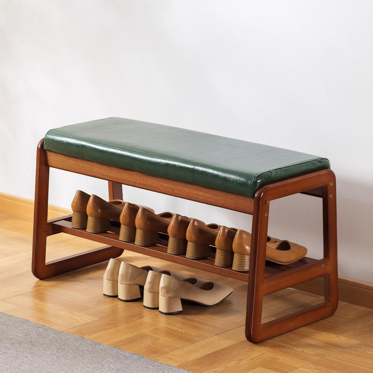 SOBIBO Solid Wood Shoe Bench, 2-Tier Wooden Entryway Bench, Modern Shoe Rack with Faux Leather Cushion for Hallway, Living Room (Green, 31.5'')