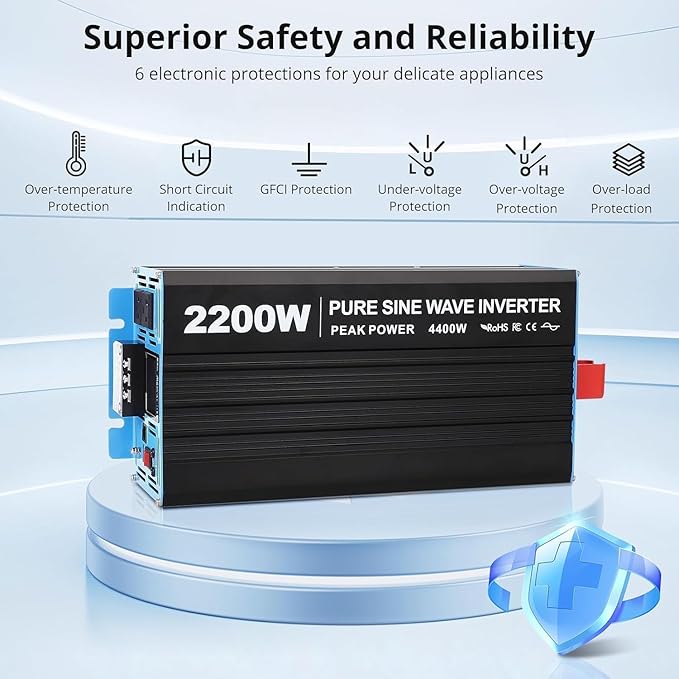 2200W Pure Sine Wave Inverter, 1 USB Port 5v/2.4a, LCD Display&Remote Controller