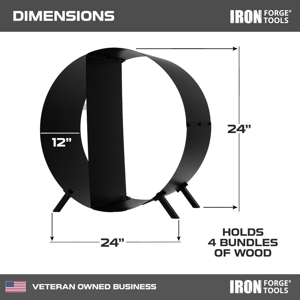 iron forge tools firewood rack, 30 inch circular shown in use