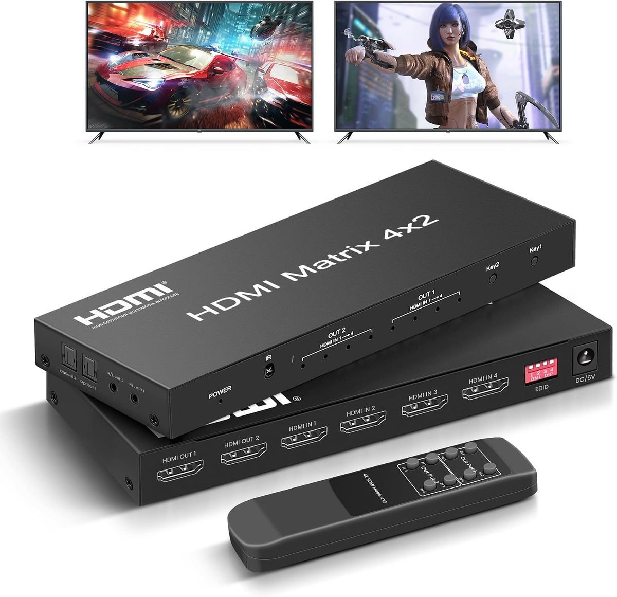 FERRISA 4x2 HDMI Matrix Switch, 4 in 2 Out Matrix HDMI Video Switcher Splitter