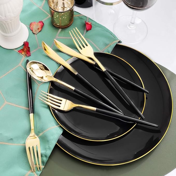 Supernal 350pcs Black Plastic Dinnerware Set - Black and Gold Plastic Plates, Gold Silverware Set, Wedding Party Plate, Cups Prefect for Halloween, Thanksgiving, Christmas Party and New Year