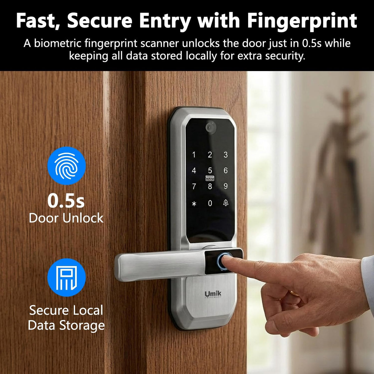 umiksmart wifi smart door lock with camera, fingerprint showing dimensions