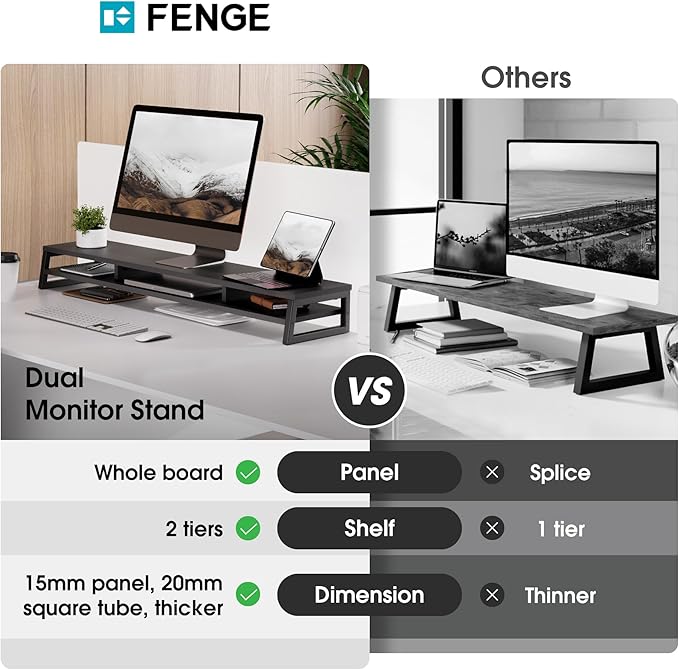 Fenge Dual Monitor Stand for Desk, 42.5in Large Monitor Riser for 2 Monitors
