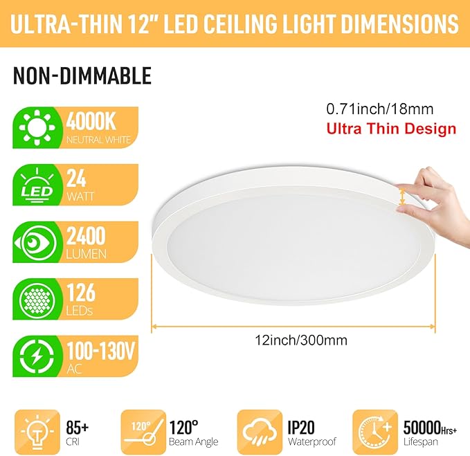 SunRider 2-Pack LED Flush Mount Ceiling Light Fixture, 4000K Neutral White