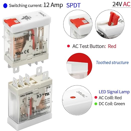 6 Pcs 24VAC Relay Electromagnetic Power Relay 12 Amp 5Pins SPDT 1NO 1NC