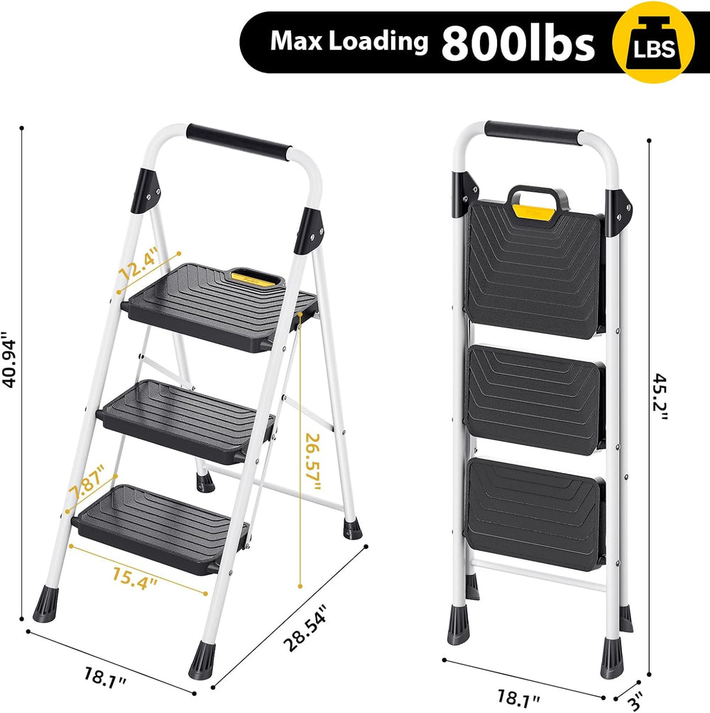 TOOLF 3 Step Ladder, Folding Portable Ladder with Anti-Slip Pedals, White