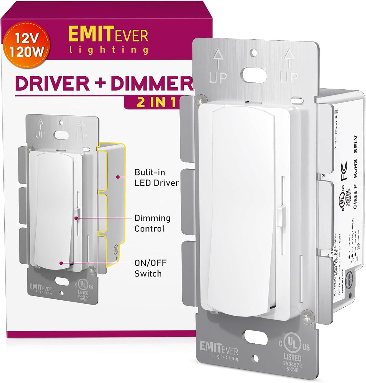 Dimmer Light Switch & 12V 120W Dimmable LED Driver 2 in 1, UL Listed